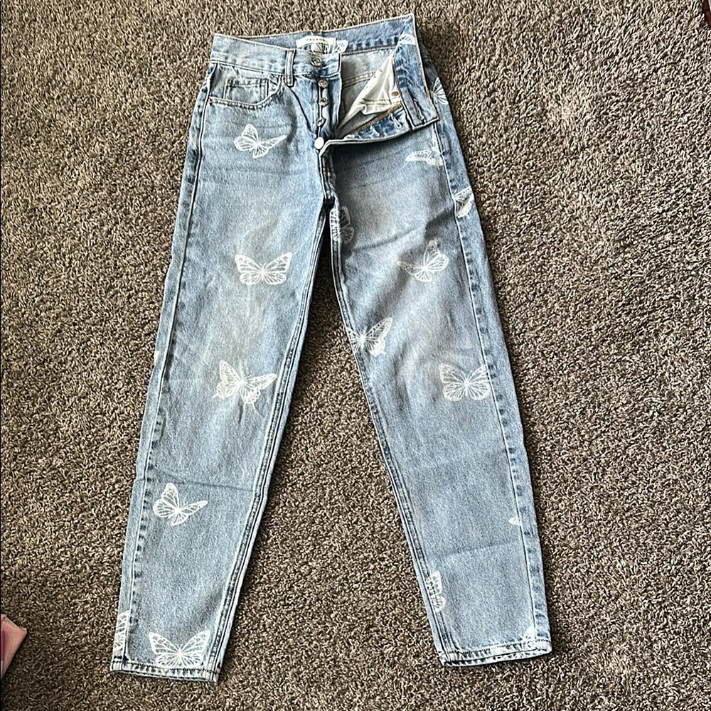 Women's Blue Butterfly Print high rise Jeans